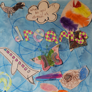 A painting that has cut out drawings of a plane, bird, butterfly and other objects. There's a cloud that says "what do you dream of?" and a heading in the centre that says 'dreams'. The background is painted blue with a blue pen squiggle around it.